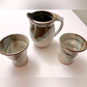Handcrafted Ceramic Art Set with Pitcher and 2 Goblets Gray Blue Brown Signed